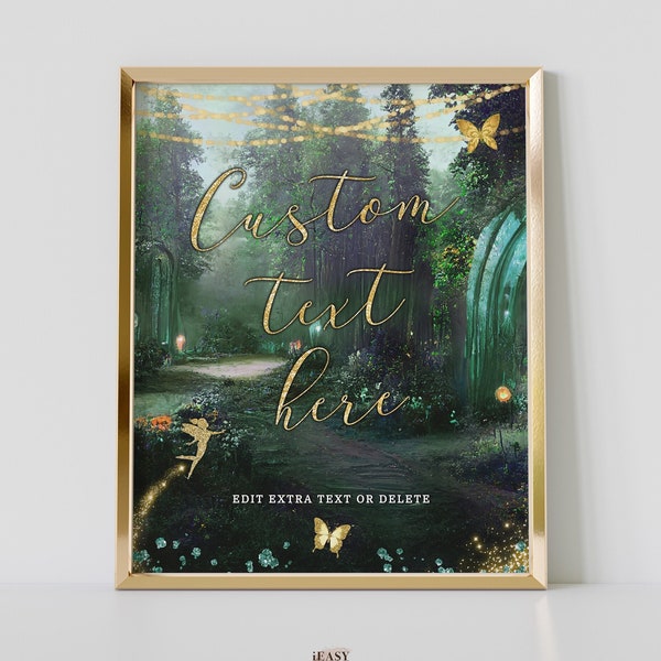 Editable Enchanted Forest Emerald Green Party Sign, Edit Your Own Wordings, Enchanted Evening Sign, Gold Glitter, Butterfly, Edit With Corjl