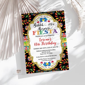 Editable Mexican Fiesta Surprise 60th Birthday, Spanish Flowers birthday invitation for her, Colorful Spanish Floral Template with Corjl AP4