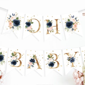 Gender Reveal Navy and Blush | OH Baby Banner Gender Reveal | Gender Reveal Navy and Rose Gold | Gold Confetti Decor Instant Download GRN1