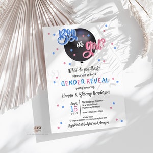 Editable Gender Reveal Invitation: Black Balloon, Boy or Girl (Corjl Template)