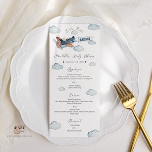 Editable Menu Card Template, Blue Airplane Baby Shower, Aviation Baby Shower Menu Card, Baby Shower Menu Card Printable Printable