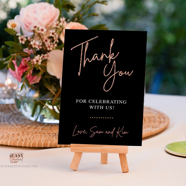 EDITABLE Rose Gold Thank You Sign, Rose Gold and Black Joint Birthdays,Wedding Thank you Sign, Rose Gold Glitter Thank You Sign Template AP1