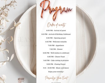 Editable Program Template, Rose Gold Theme Party, Modern Rose Gold Program Card, Birthday Order of Event Card Printable Printable Corjl AP1