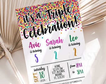 Triple Birthday Invitation: Rainbow Confetti, Joint Party (Editable Printable)