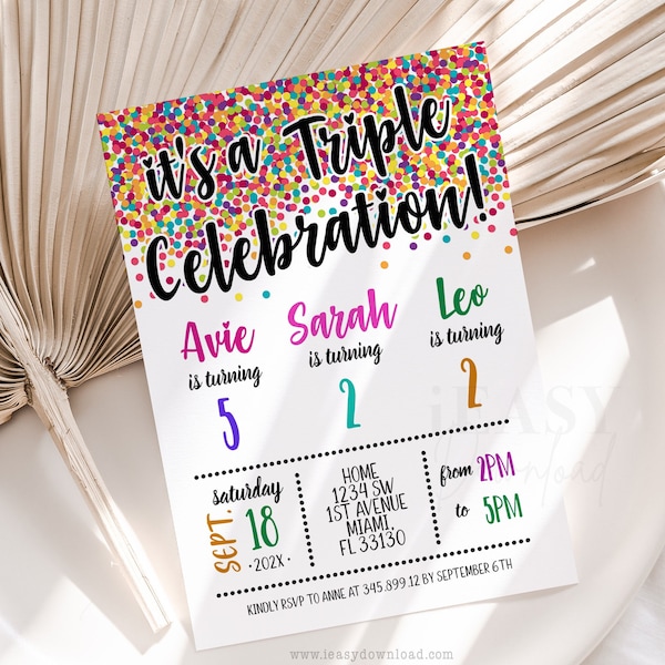 Triple Birthday celebration, Sibling Birthday Invitations, Rainbow Confetti Sibling Party, Joint Party Editable Invitations Printable