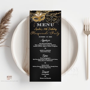 Editable Gold and Black Masquerade Menu Card, Birthday Food Menu Card Template, Printable Adult Masquerade Party Menu Table with Corjl AP3