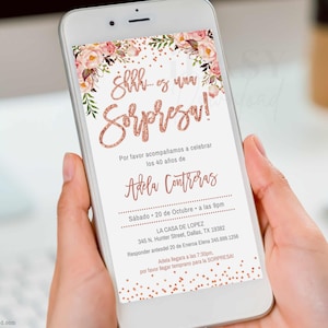 Spanish Birthday Party | Fiesta Sorpresa 60 años | Floral Rose Gold Confetti | Electronic Invitation Template All Ages Corjl AP1
