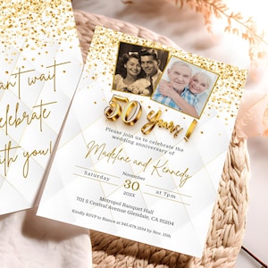 Editable 50 years Wedding Anniversary Invitation, White and Gold Invite, Modern Gold Text, Gold Confetti Anniversary Invite Template Corjl