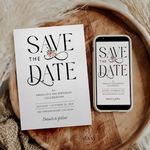 Editable Save the Date Invitation, Modern Save the Date Black Text for Birthday Celebration, Wedding Save the date Phone Template SMS