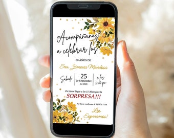 Editable Spanish Birthday Party Phone Invite Cumpleaños Text SMS Invite Floral Yellow Mustard Flowers Invite Template for All Ages - AP15