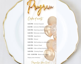 Gold Balloons Birthday Program Card Template (Printable Corjl)