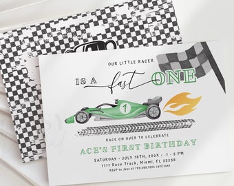 Editable Fast One Invite Template, Race Car 1st Birthday Invitation for Boy, Turning One Green Race Car First Birthday Edit with Corjl #KP26