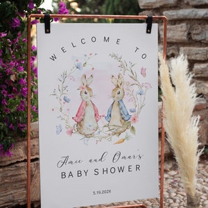 Editable Peter Rabbit Welcome Sign Twins Boy and Girl Baby Shower, Bunny Entrance Sign, Decor Sign, Printable Sign Template Corjl - BS21