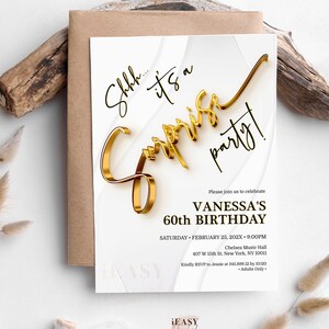 Editable Surprise Birthday Party All White Affair Gold Theme Party Modern Gold Invitation Card Printable Template for all Ages Corjl AP11