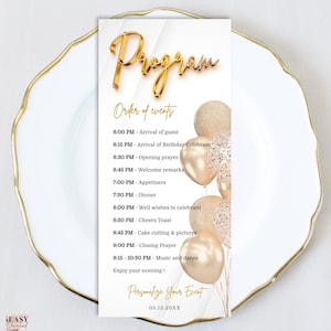 Editable Program Card Template, All White Affair Golden Balloons Party, Modern Gold Program Card, Birthday Program Printable Corjl AP11