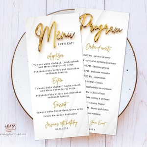 Editable Double Sided Menu and Program Card Template, All White Affair Gold Theme Party, Modern Birthday Gold Manu Card Printable Corjl AP11