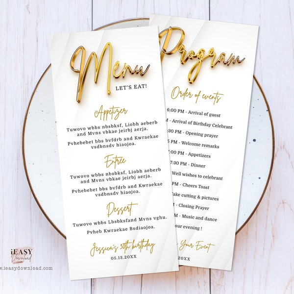 Editable Double Sided Menu and Program Card Template, All White Affair Gold Theme Party, Modern Birthday Gold Manu Card Printable Corjl AP11