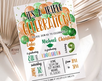 Editable Triple Birthday and Graduation Party invitation, Joint Siblings Celebration Birthday, It's a Triple Celebration Template Corjl