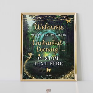 Editable Enchanted Forest Emerald Green Welcome Sign, Edit Your Own Wordings, Enchanted Evening Sign, Gold Glitter, Fairy Butterfly Corjl