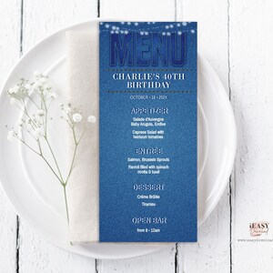 Denim Blue Jeans Birthday Party Menu Template, Denim and White Menu Card, Blue Jeans Theme, Editable Food Menu Card Template with Corjl AP25