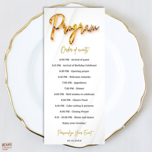 Editable Program Card Template, All White Affair Gold Theme Party, Modern Gold Program Card, Birthday Program Template Printable Corjl AP11