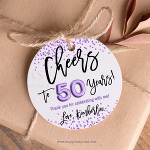 Cheers to 50 Round Gift Tags • EDITABLE Purple Confetti Printable Template • 50th Birthday Gift Tags, Personalise Thank You Tags - AP12