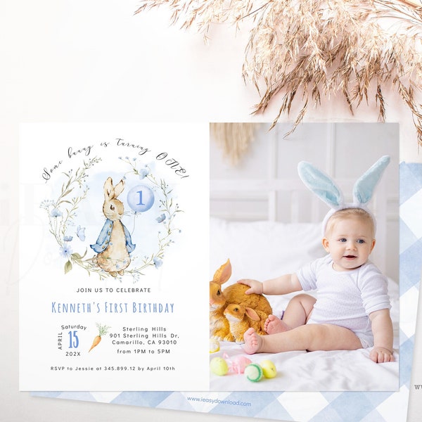 Some Bunny is One Peter Rabbit First Birthday Boy Photo Invitation Flopsy Rabbit Blue Wildflower Bunny Birthday Editable Template Corjl KP34