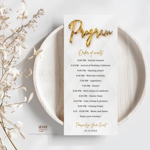 Editable Program Card Template Tufted White Modern Gold Background All White Affair Gold Theme Party For All Occassion Printable Corjl AP11