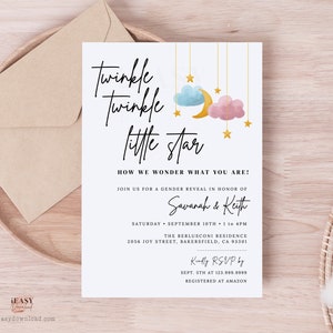 Gender Reveal Invitation, Moon and Stars Theme, Blue Pink Cloud, Twinkle Twinkle Little Star Gender Reveal Party Shower Invite Template GRN1