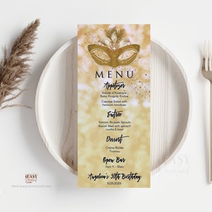 Editable Menu Card Template Gold Masquerade, 50th Birthday Gold Mask Food Menu Template, Gold and Black Table Menu Cards Edit with Corjl AP3