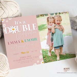 Editable Daisy 1st Birthday Twin Birthday Invitation Pink Daisy Girl 1st Birthday Invite Flower Theme Birthday Photo Invite Corjl Editable