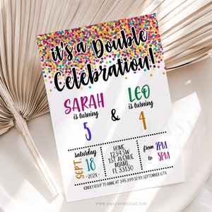 Editable Rainbow Confetti Double Birthday Invitation Printable