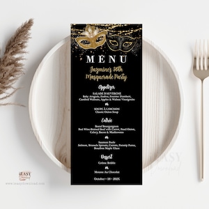 Editable Gold and Black Masquerade Food Menu Card, Carnival Masquerade Menu Card Template, Printable Adult Masquerade Party Menu Table AP3