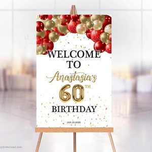 Red and Gold 60th Birthday Welcome Sign: Editable Party Decor (Digital Download)