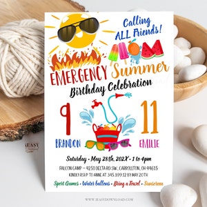 Editable Summer Birthday Party Invitation Sibling Birthday Invitations Double Birthday Calling 911Invitation Joint Party Invitations AP17
