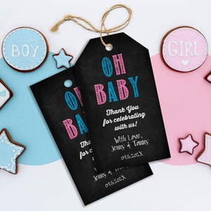 Editable OH BABY Gender Reveal Tag, Blue Pink Chalkboard Thank You Tag, Gender Reveal Gift Tag, Boy or Girl Gift Tag Template Download OWT1
