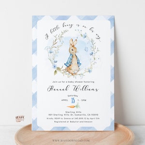 A little bunny is on the way baby shower invitation, Peter Rabbit baby shower for Boy, Baby shower Invite, Butterfly, Edit Corjl - BS16