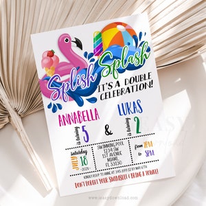 Editable Beach Ball Double Party Invitations Printable, Double Birthday Celebration, Splish Splash Invitation, Sibling Birthday Invite KP39