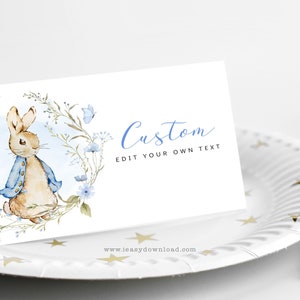 Editable Peter Rabbit Boy Food Tent Cards, Bunny Baby shower Place Cards, Bunny Custom Text Food Cards Template, Edit with Corjl - BS16
