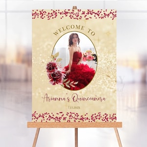 Editable Photo Welcome Sign Burgundy Flowers, Gold and Burgundy, Quiceañera Entrance Sign Decor, Mis Quince Poster Sign Template Corjl Q2