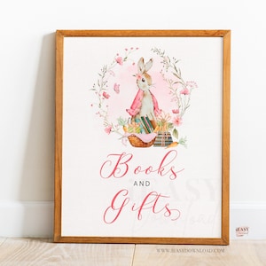 Bücher und Geschenke Zeichen Peter Rabbit Mädchen-Baby-Dusche-Zeichen A little bunny is on the way Baby Geschenk Table Sig Sofortiger Download SOLD AS IS, BS15