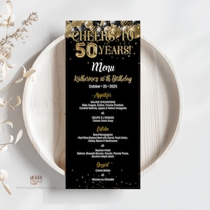 Editable Menu Card Template, Black and Gold Balloon with Confetti, Cheers to 50 Years, Birthday Menu Card Printable, For All Ages Corjl AP6