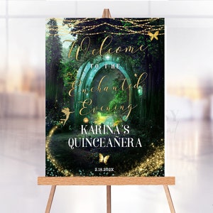 Editable Enchanted Forest Emerald Green Welcome Sign, Welcome Poster Decoration Enchanted Evening, Entrance Poster Board Edit With Corjl