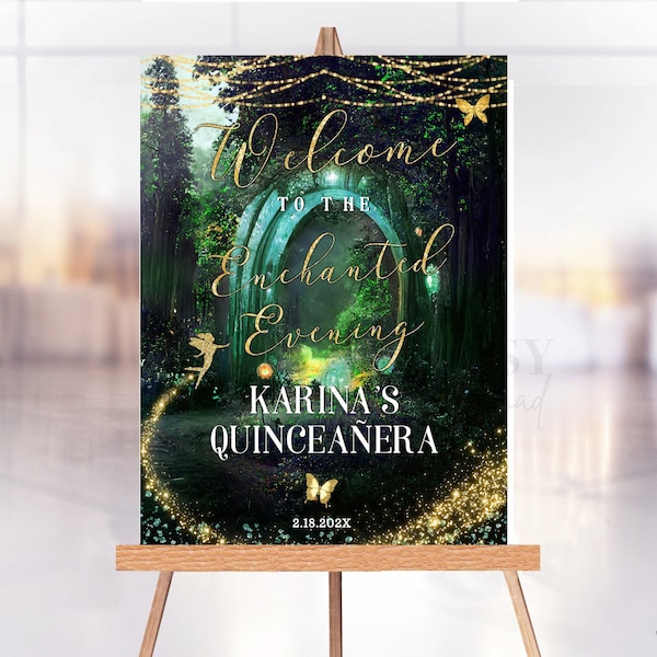 Editable Enchanted Forest Emerald Green Welcome Sign, Welcome Poster Decoration Enchanted Evening, Entrance Poster Board Edit With Corjl