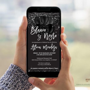 Spanish Black and White Birthday Invitation | 18th Birthday Phone Evite | Black & Silver Invitation | Blanco y Negro Cumpleaños EDITABLE