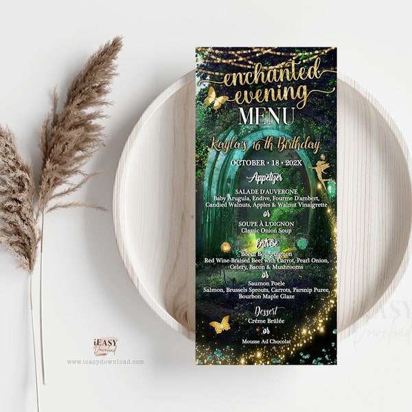 Editable Menu Card Template Enchanted Forest, Emerald Green Menu Card, 16th Birthday Menu Card Printable, Mis Quince, For All Ages Corjl