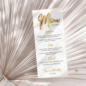 Editable Menu Card Template, All White Affair Gold Theme Party, Modern Gold Menu Card, Birthday Menu Card Printable Printable Corjl AP11