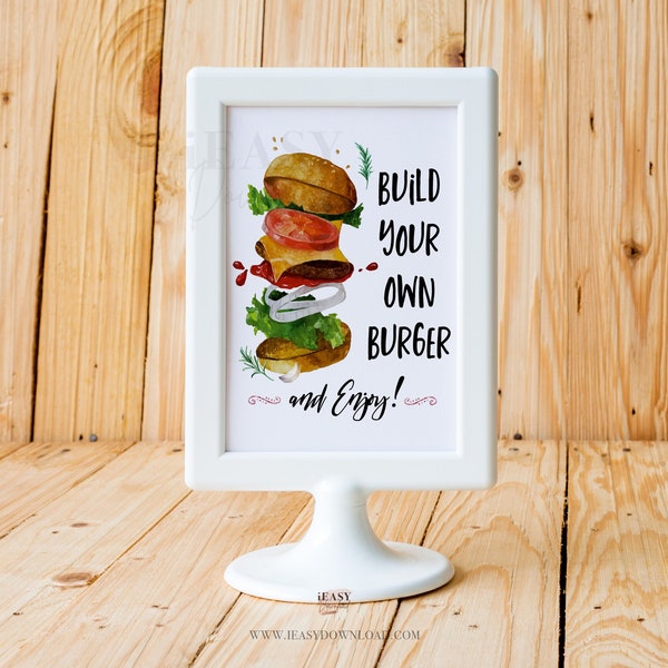 Construisez votre propre hamburger, Burger Bar Sign, Summer Party Burger Station Sign, BBQ 4th of July Party Decor, Grab a Burger Instant Download SP2