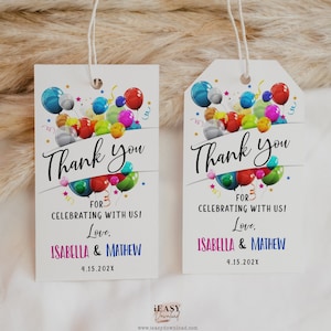 Editable frères et sœurs anniversaire faveur cadeau étiquette ballons fête merci étiquettes imprimables double fête étiquettes, ballons d'anniversaire colorés, Temp Corjl