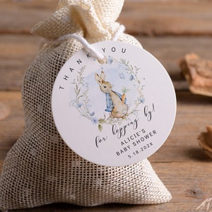 Peter Rabbit Baby Shower Boy Favor Tag, A little bunny is on the way baby shower, Blue Wildflower, Editable Thank You Tag with Corjl - BS16